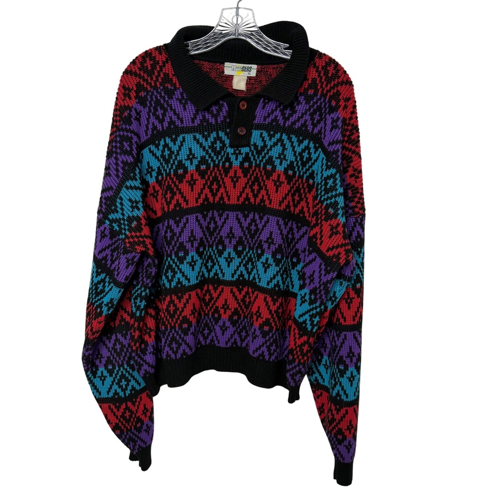 Vintage 80s Mergers XL Coogi Style Colorful‎ Knit Sweater Y2K Streetwear
